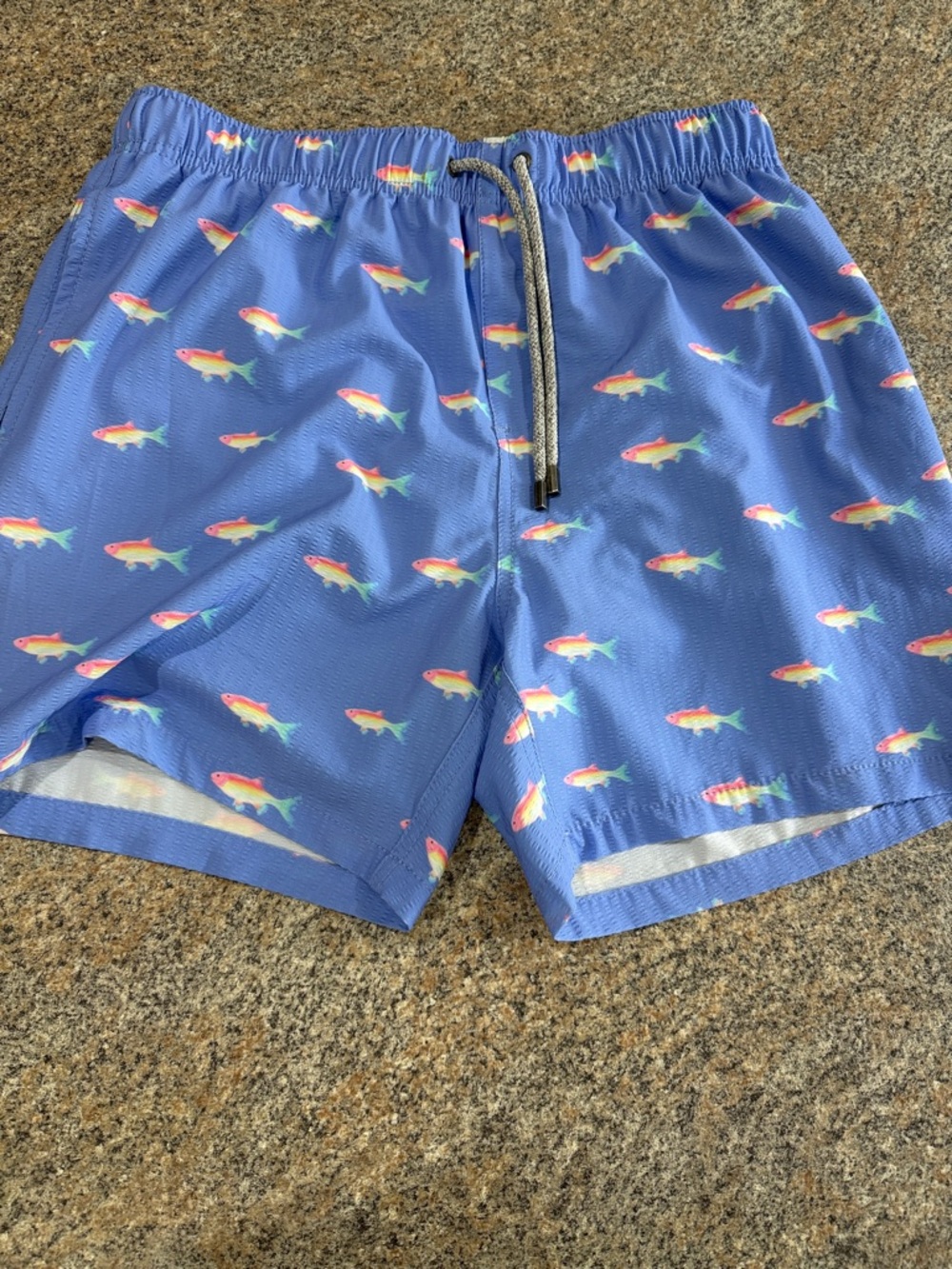 Vintage Summer Blue Fish-Print Swim Shorts size large
